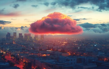 Fototapete - A digital cloud hovering over a vibrant cityscape, symbolizing cloud computing, data storage, and advanced technology infrastructure in an interconnected, techpowered urban setting