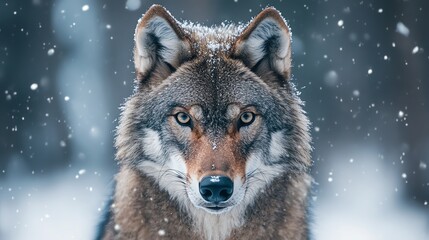 Wall Mural - A wolf stares intensely at the camera in a snowy environment.