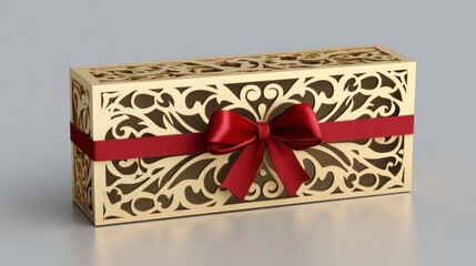 Wall Mural - Elegant Gift Box with Intricate Laser-Cut Design and Red Satin Ribbon for Celebrations, Special Occasions, and Thoughtful Presents