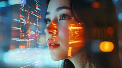 Aufkleber - Programmer working with source code projected on face in futuristic office