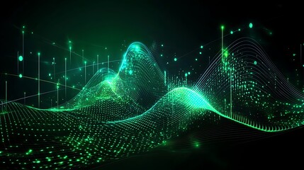 Poster - abstract digital wave pattern with glowing green elements and flowing lines over a dark background
