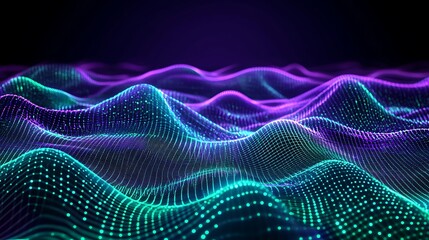 Poster - abstract digital waves in purple and teal colors representing data and technology background