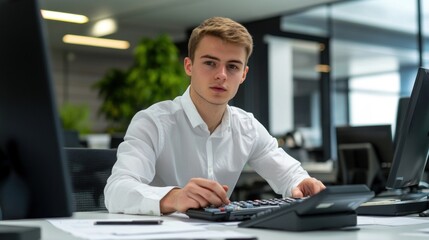 Poster - Young man working at a desk with a calculator