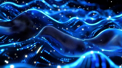 Poster - abstract digital waves with glowing blue lights and sparkling particles in a futuristic style