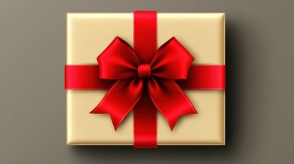 Wall Mural - Elegant Gold Gift Box with Red Ribbon and Bow on Neutral Background Suitable for Holiday Celebrations, Birthdays, and Special Occasions