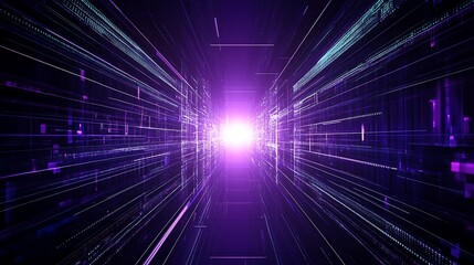 Poster - abstract futuristic background with neon lights and digital lines in a dark space creating a sense o