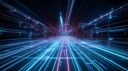 Poster - abstract futuristic digital pathway with neon lights and glowing lines in a virtual space environmen