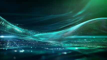 Poster - abstract futuristic tech background with green light waves and digital particles for modern design p