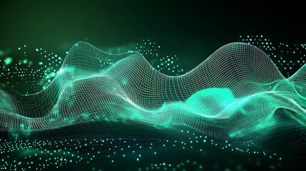 Poster - Abstract Green Waveform with Mesh and Particles on a Dark Background in a High-Tech Digital Style