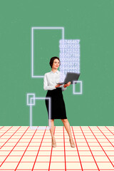 Aufkleber - 3D photo collage trend sketch template artwork of formalwear office manager young woman stand hand hold laptop data information hacker