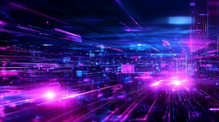 Poster - abstract neon light trails in a futuristic digital landscape with vibrant colors and dynamic motion 