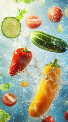 Aufkleber - Fresh vegetables splashing into water with light blue background