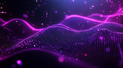 Poster - abstract purple wave pattern with glowing dots on dark background for digital and artistic themes