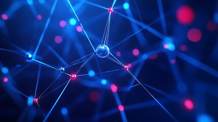 Poster - abstract representation of a complex network with bright nodes and lines in blue and red color palet