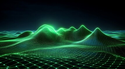 Poster - abstract visualization of green neon waves with grid pattern and illuminated background in dark envi