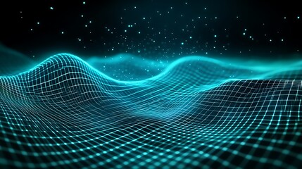 Poster - Abstract Wave Patterns with Neon Grid Representation and Sparkling Particles on a Dark Background
