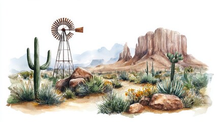 Poster - Desert Landscape with Windmill and Cactus