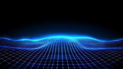Poster - blue neon wave grid background with light effects for futuristic digital designs and technology conc