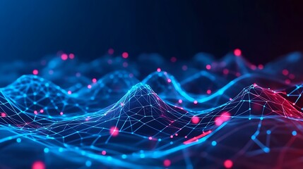 Poster - digital waves of data in blue and red tones representing technology and innovation in abstract style