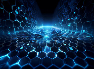 Aufkleber - Abstract digital tunnel of glowing blue hexagons and padlock icons.  Represents cybersecurity, data protection, and digital security.