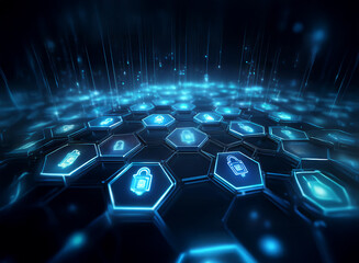Poster - Abstract digital landscape.  Hexagonal grid glows with blue light, displaying futuristic security icons.  Data streams descend from above.  Represents cybersecurity and network protection.