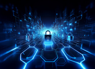Aufkleber - Abstract digital landscape depicting a glowing pathway of interconnected hexagons, featuring numerous padlocks symbolizing cybersecurity and data protection.