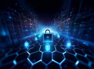 Poster - A glowing padlock sits at the center of a hexagonal network, symbolizing digital security and data protection within a futuristic, abstract landscape.  Surrounding the main lock are smaller, glowing p