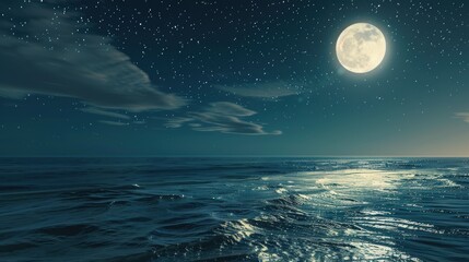 Serene Night Ocean View with Full Moon and Starry Sky