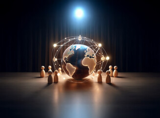 Poster - Illuminated globe encircled by interconnected nodes, symbolizing global network, observed by a group of wooden figures on a stage.  The scene suggests connection, community, and worldwide collaboratio