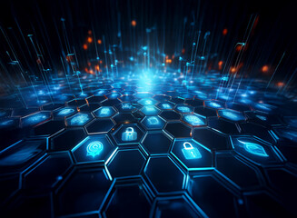 Poster - Abstract digital landscape.  Glowing blue hexagons form a grid, each containing various digital icons.  Data streams rise from the surface.  Represents technology, security, and connection.