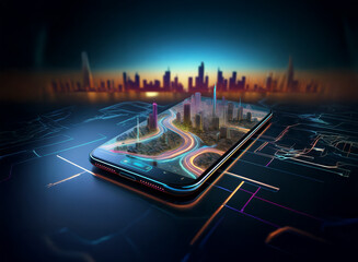 Poster - A futuristic city model displayed on a smartphone screen, resting on a digital map.  The scene is set against a city skyline at sunset, suggesting advanced navigation technology.