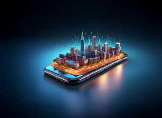 Fototapete - A miniature metropolis glows on a sleek smartphone, its buildings interconnected by digital lines, representing a futuristic smart city concept.  The scene is illuminated by vibrant blue light.