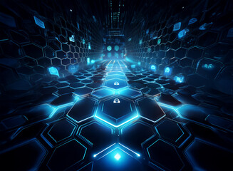 Aufkleber - A futuristic, glowing blue corridor of hexagonal cells.  Data streams and security icons illuminate the path, creating a sense of technological advancement and digital security.