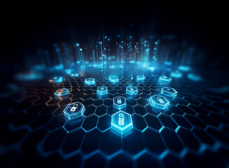 Poster - Abstract digital security concept.  Hexagonal grid displays glowing blue padlock icons, representing data protection and cybersecurity in a futuristic network.  Vertical beams of light emerge from the