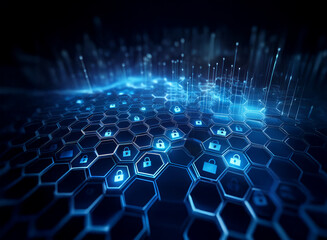 Poster - Abstract digital landscape of glowing blue hexagons, each containing a padlock icon, representing cybersecurity and data protection in a network.