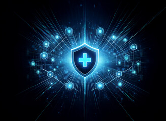 Aufkleber - A glowing blue shield with a cross at its center, surrounded by a futuristic digital array of light streaks and hexagons, symbolizes digital health security.
