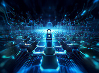 Poster - A digital padlock sits at the center of a glowing, abstract circuit board, symbolizing cybersecurity and data protection in a futuristic setting.  The deep blue hues create a sense of mystery and tech