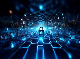 Aufkleber - A glowing blue digital landscape with a padlock at its center, representing cybersecurity and data protection within a network.  Numerous digital locks surround it, illustrating the concept of secure 