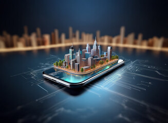 Poster - A miniature metropolis sits atop a smartphone, symbolizing mobile technology's impact on urban planning and connectivity.  The city glows, highlighting its digital integration.