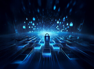 Poster - A glowing padlock sits at the center of a digital landscape, surrounded by a futuristic array of illuminated cubes and falling lock icons, symbolizing digital security and data protection.