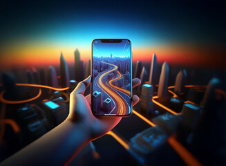 Fototapete - A hand holds a smartphone displaying a vibrant, stylized cityscape at sunset.  The city's roads are depicted as glowing lines winding through the buildings.  The image emphasizes technology and urban 
