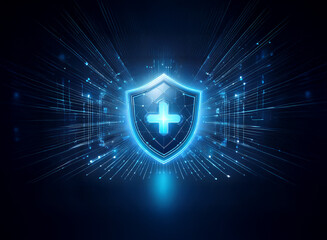 Poster - A glowing blue shield with a plus sign, digitally rendered, sits at the center of a dark background with radiating light streaks suggesting digital data streams.  The image conveys protection and secu