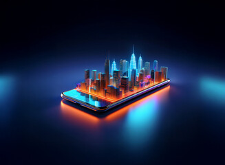 Poster - A futuristic cityscape, vibrant and glowing, rests on a sleek smartphone, illuminated by neon lights.  The scene suggests digital connectivity and urban development.