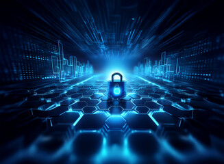 Poster - A glowing blue padlock sits at the center of a digital highway, symbolizing cybersecurity in a futuristic cityscape.  Hexagonal structures form the road, representing data protection.