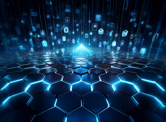 Fototapete - Abstract digital landscape: a glowing blue hexagonal grid converges towards a bright apex, from which streams of data icons descend.  The scene evokes concepts of data flow, technology, and digital co