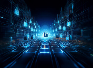 Poster - Abstract digital landscape depicting a glowing pathway lined with numerous padlock icons, symbolizing cybersecurity and data protection.  The scene evokes a sense of secure digital space.