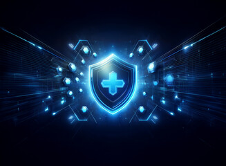 Aufkleber - Glowing blue shield with a cross, surrounded by digital effects, symbolizes digital health security and protection.  A futuristic medical concept.