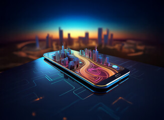 Aufkleber - A futuristic cityscape miniature rests on a sleek smartphone, displayed against a blurred city skyline at sunset.  The scene showcases technological advancement and urban planning.