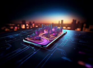 Poster - A futuristic cityscape model rests on a smartphone, glowing with vibrant purple and blue light.  The scene depicts advanced technology and urban development.
