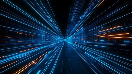 Poster - futuristic data stream with bright blue and orange lines creating an abstract high-speed digital env
